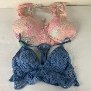 Victoria's Secret PINK Bralette Lot 2 Women Size M Pink Blue Lace Crochet